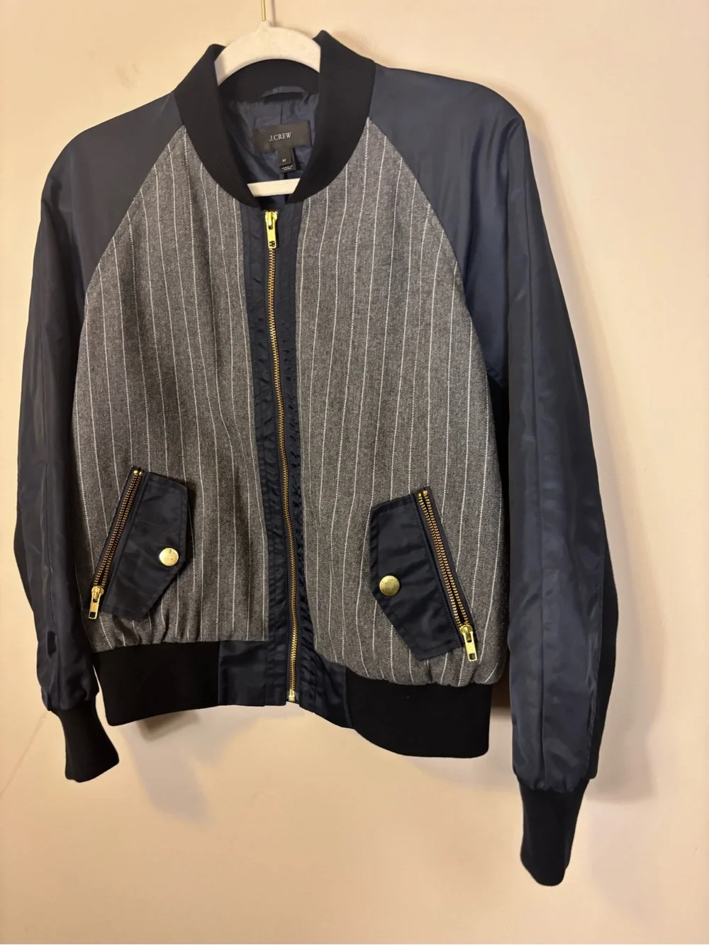 J. Crew Navy Satin & Gray Wool Pinstripe Bomber Jacket Women’s Medium